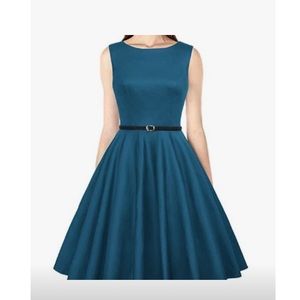 New GRACE KARIN Boatneck Sleeveless Tea Dress with Belt - Teal - XL